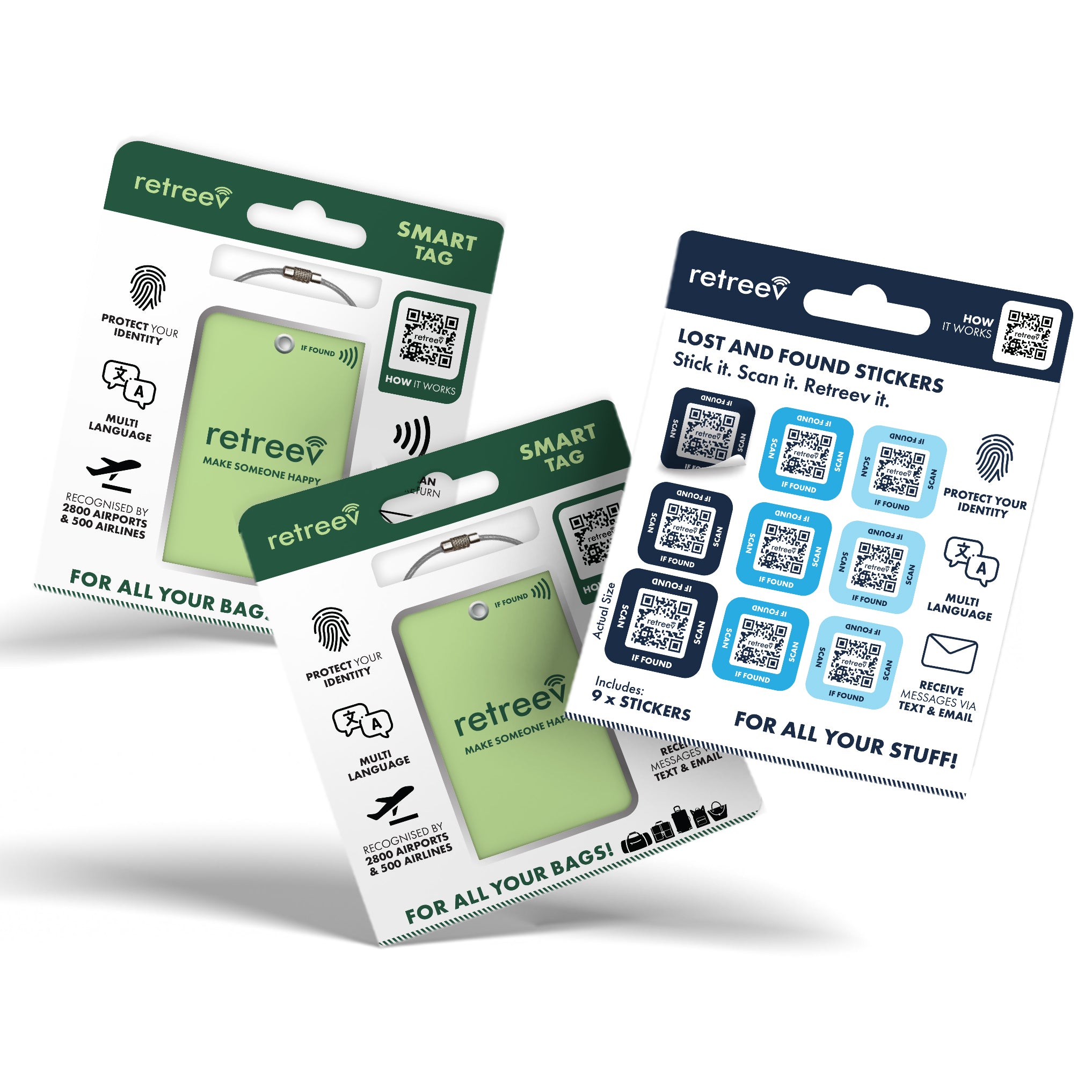 Green Combo - 2 x Green Originals Retreev Smart Tags & 9 x Smart Stickers